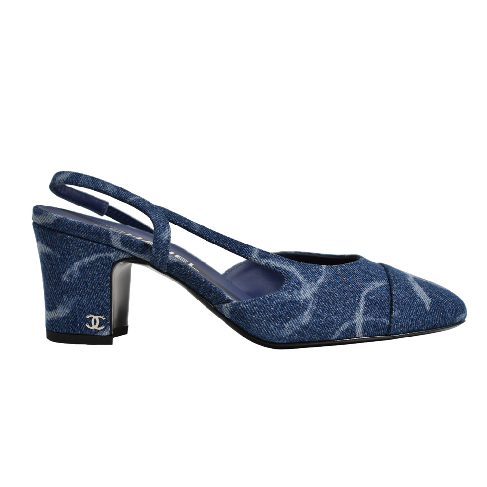 Chanel 23B Coco Sling Dark Blue Denim White CC Logo Slingback Block Heel 38
